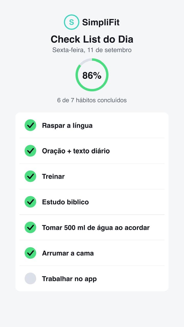 Tela do Check List do Dia dentro do app SimpliFit