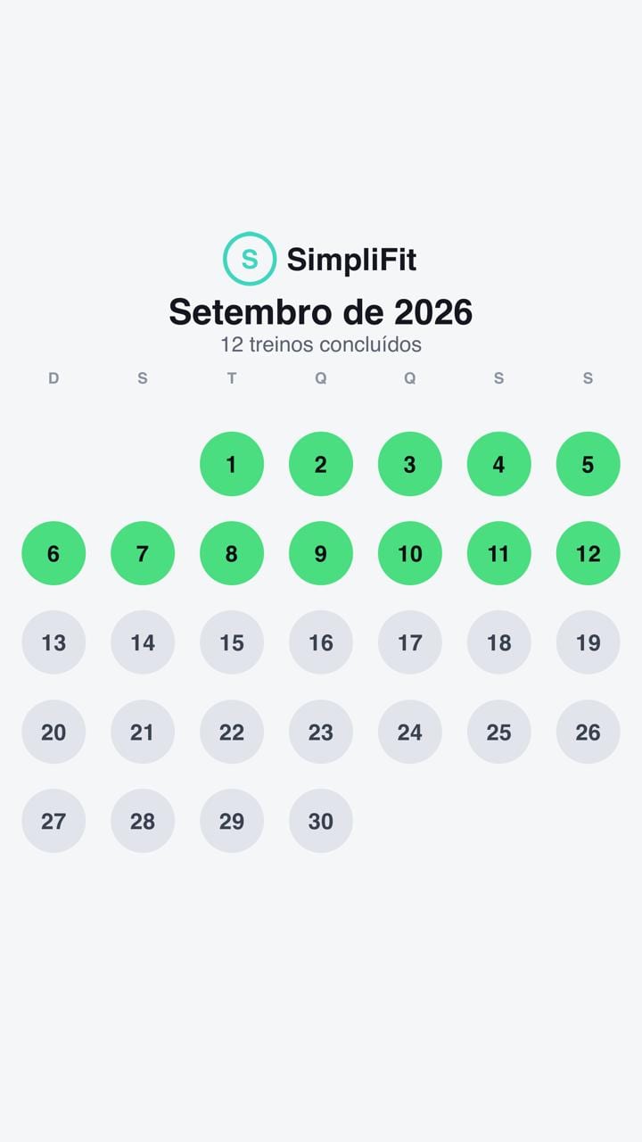 Tela do Histórico de Treinos dentro do app SimpliFit